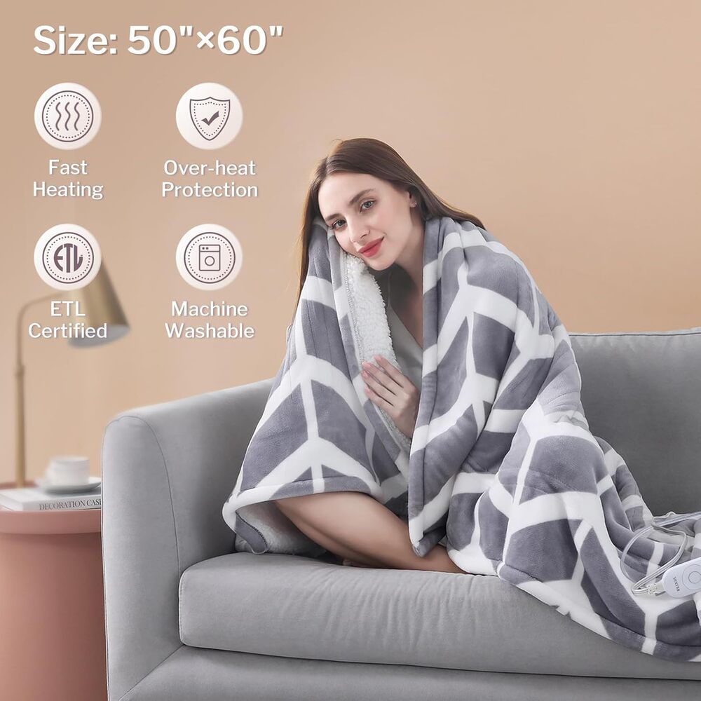 Electric Blanket Heated Throw, 50x60, 5 Levels, 3 Hours Auto Off, ETL & FCC Grey - Picture 6 of 8